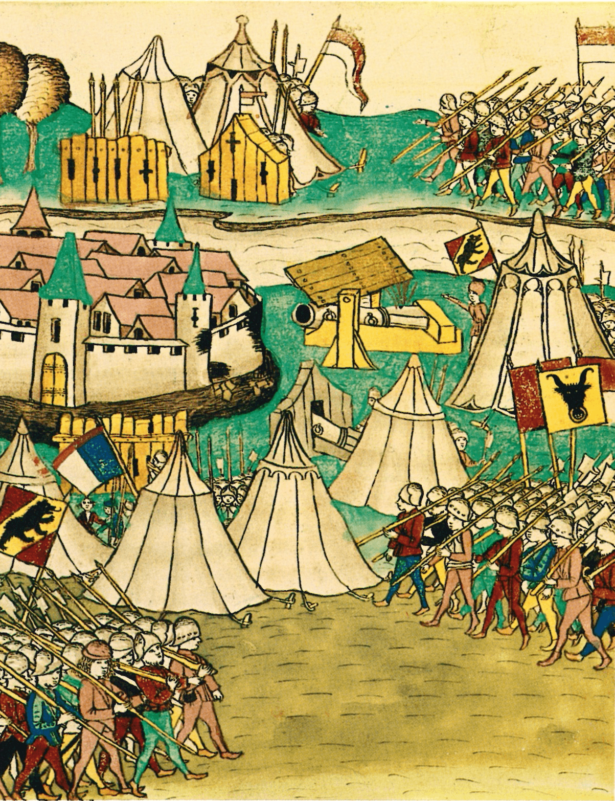 Příchod posílených bernských jednotek před obležené město Waldshut, Amtliche Berner Chronik (1478 - 1483)