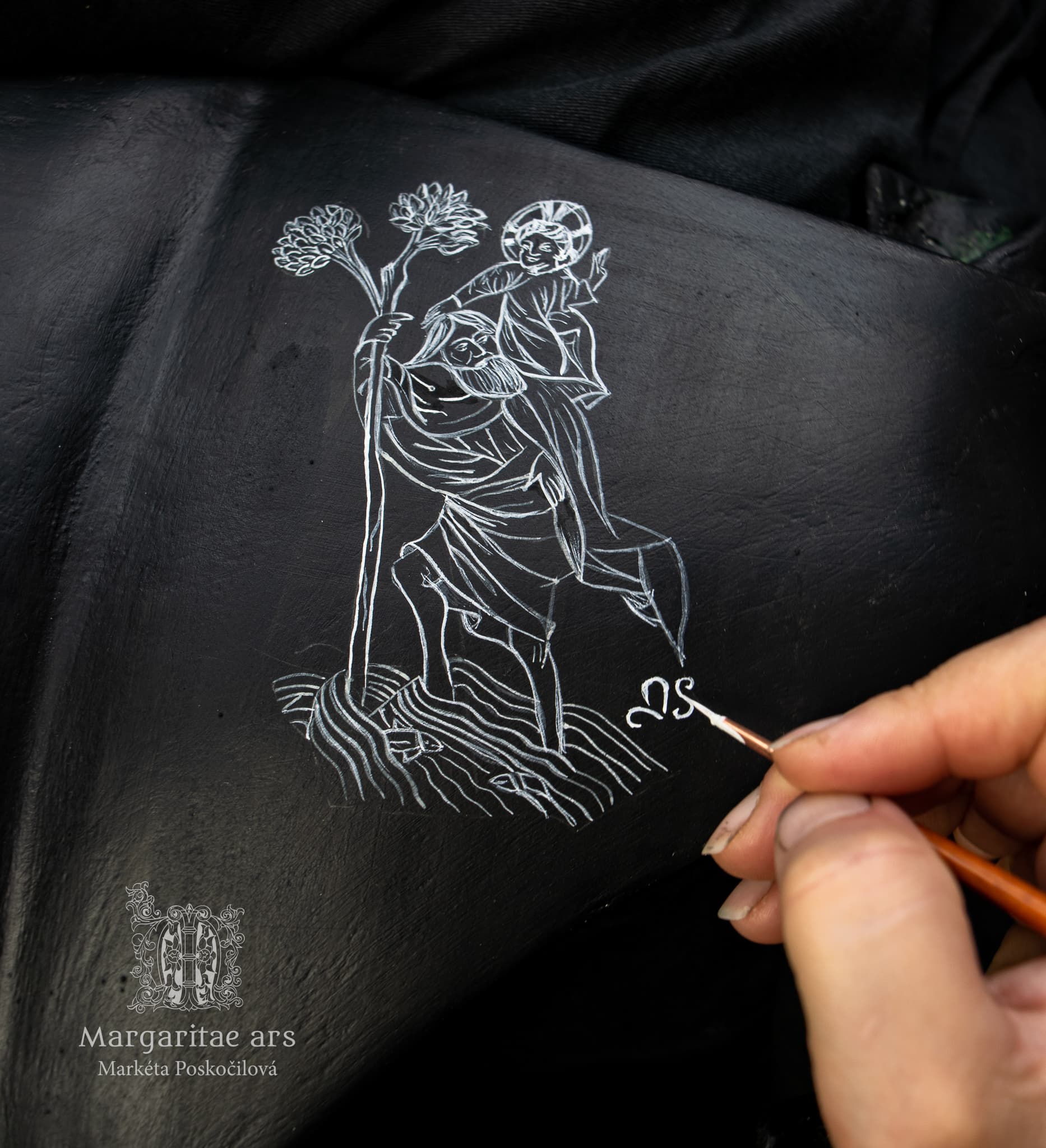 Drawing of St. Christopher on the back