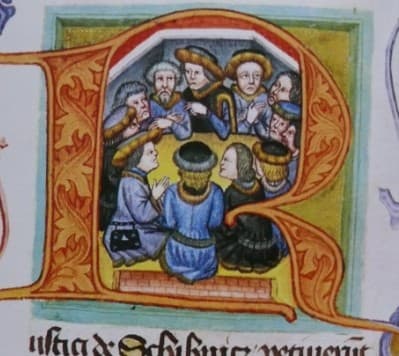 Zasedání městské rady vyobrazené v inicále z Brněnské právní knihy Václava z Jihlavy (1446). Konšelé, otočení k pozorovateli zády, jeden v modrém a druhý v černém, na sobě mají sukni typu vestina.