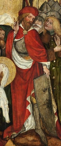 Dlouhý plášť sepnutý agrafou na výřezu z Ukřižování z Nových Sadů, 1440.