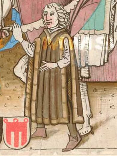 Plášť typu giornea, výřez z Richentalovy kroniky (1470-1480).