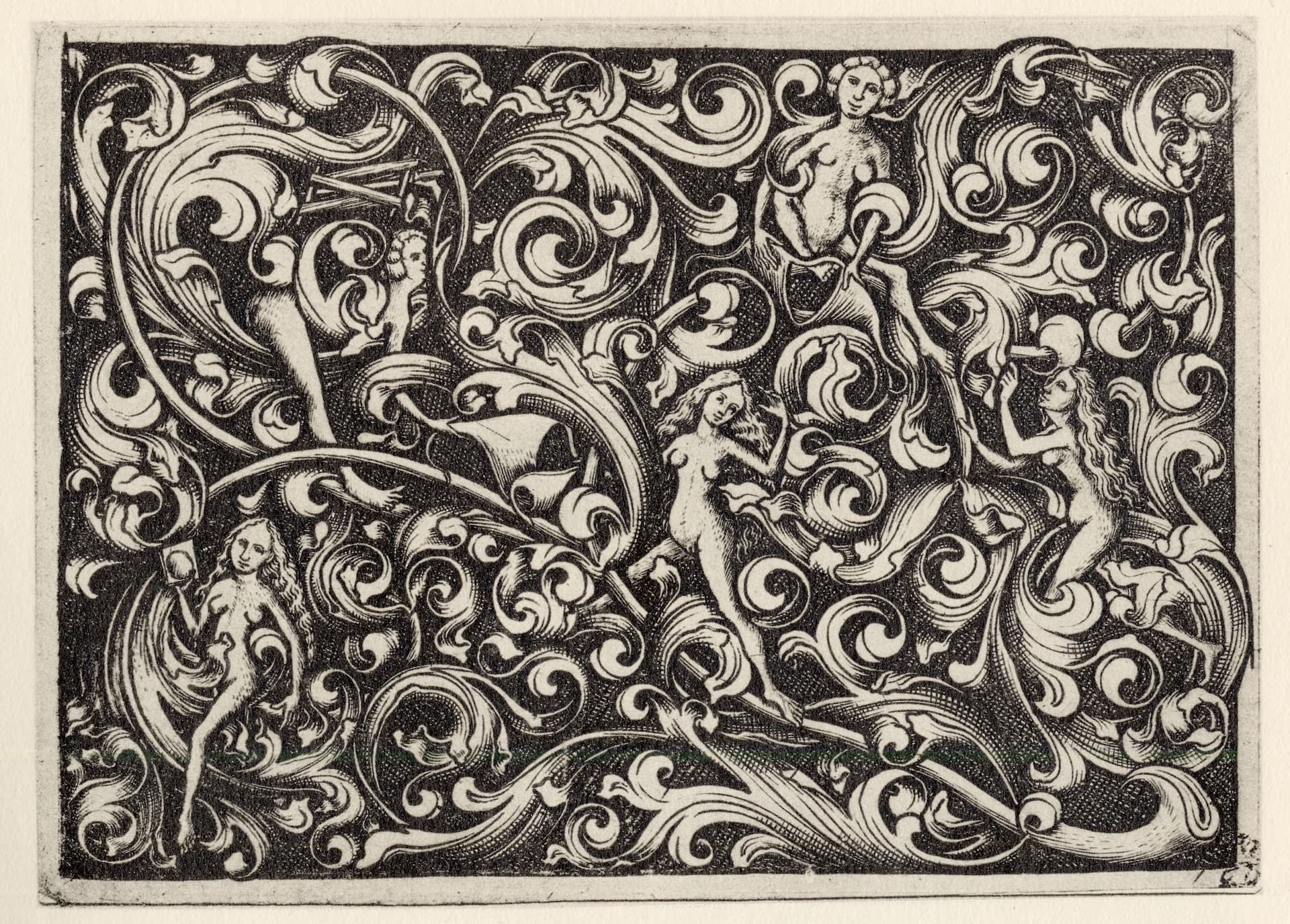 Různé typy spodků na rytině Boj o kalhoty od Monogramisty E.S., Německo, 1440 - 1467