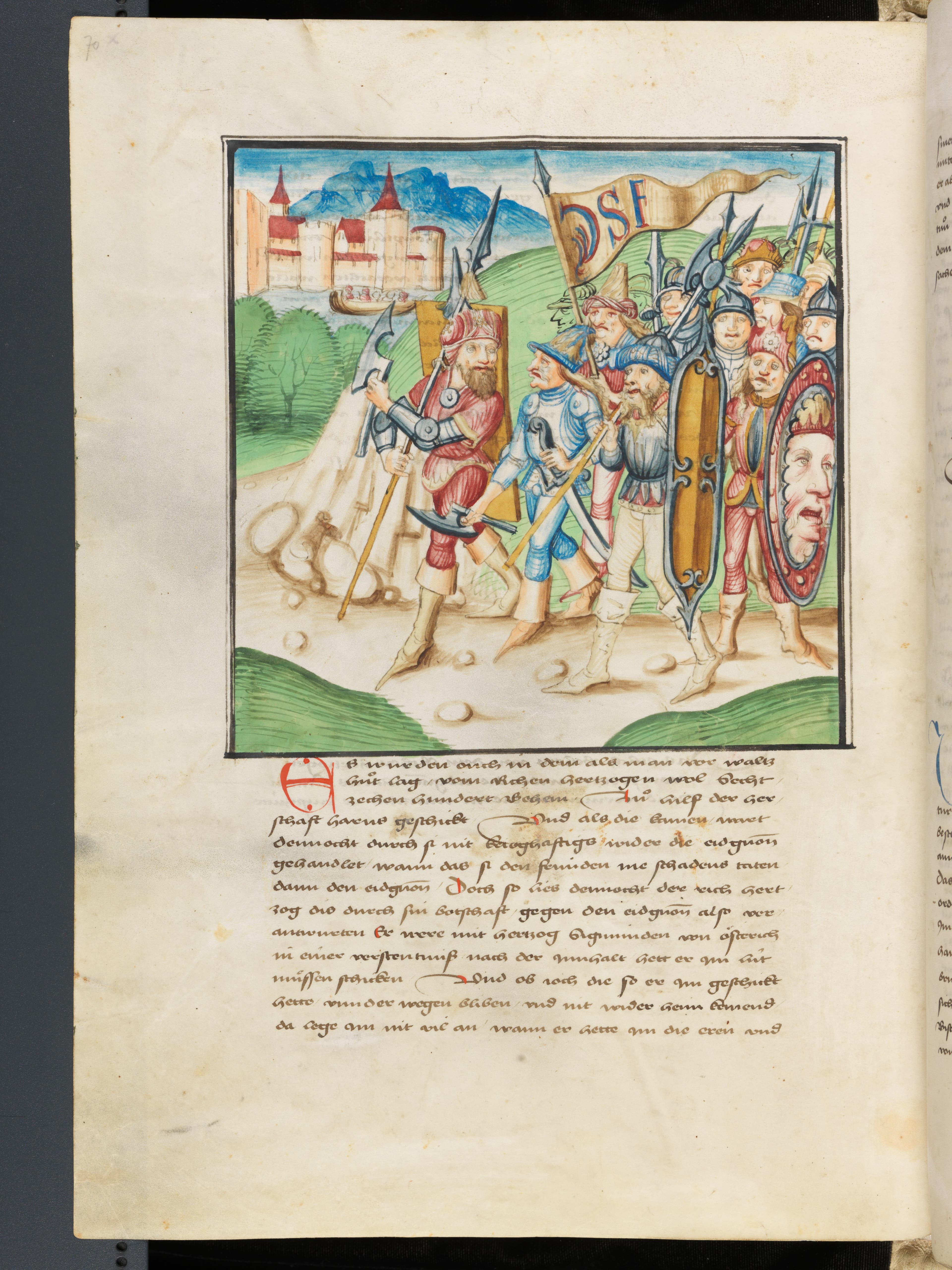 České vojsko přichází roku 1468 na pomoc obleženému Waldshutu, Amtliche Berner Chronik (1478 - 1483)