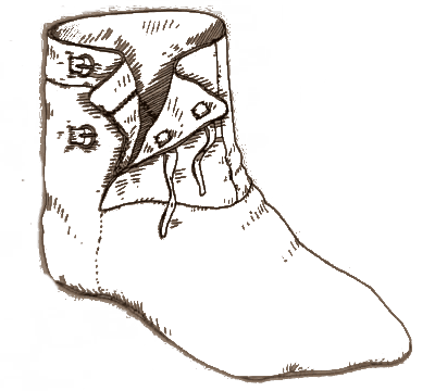 Criblet, Fribourg, Švýcarsko. Bota se zapínáním pomocí přesahu a s přezkami. 14. až 15. století (Volken & Bourgarel 2001)