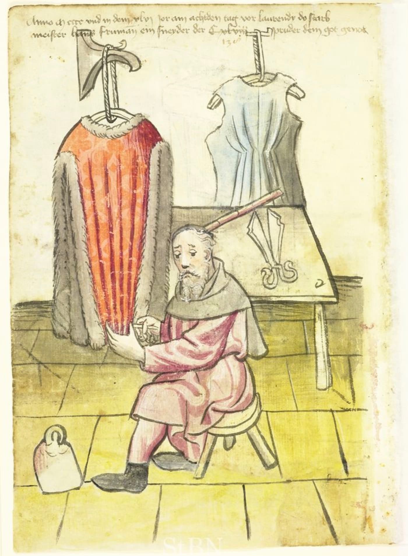 Norimberský krejčí Hans Frumann zhotovuje vrapy na plášti typu giornea, stránka z Domácí knihy norimberské nadace dvanácti bratří, 1446.