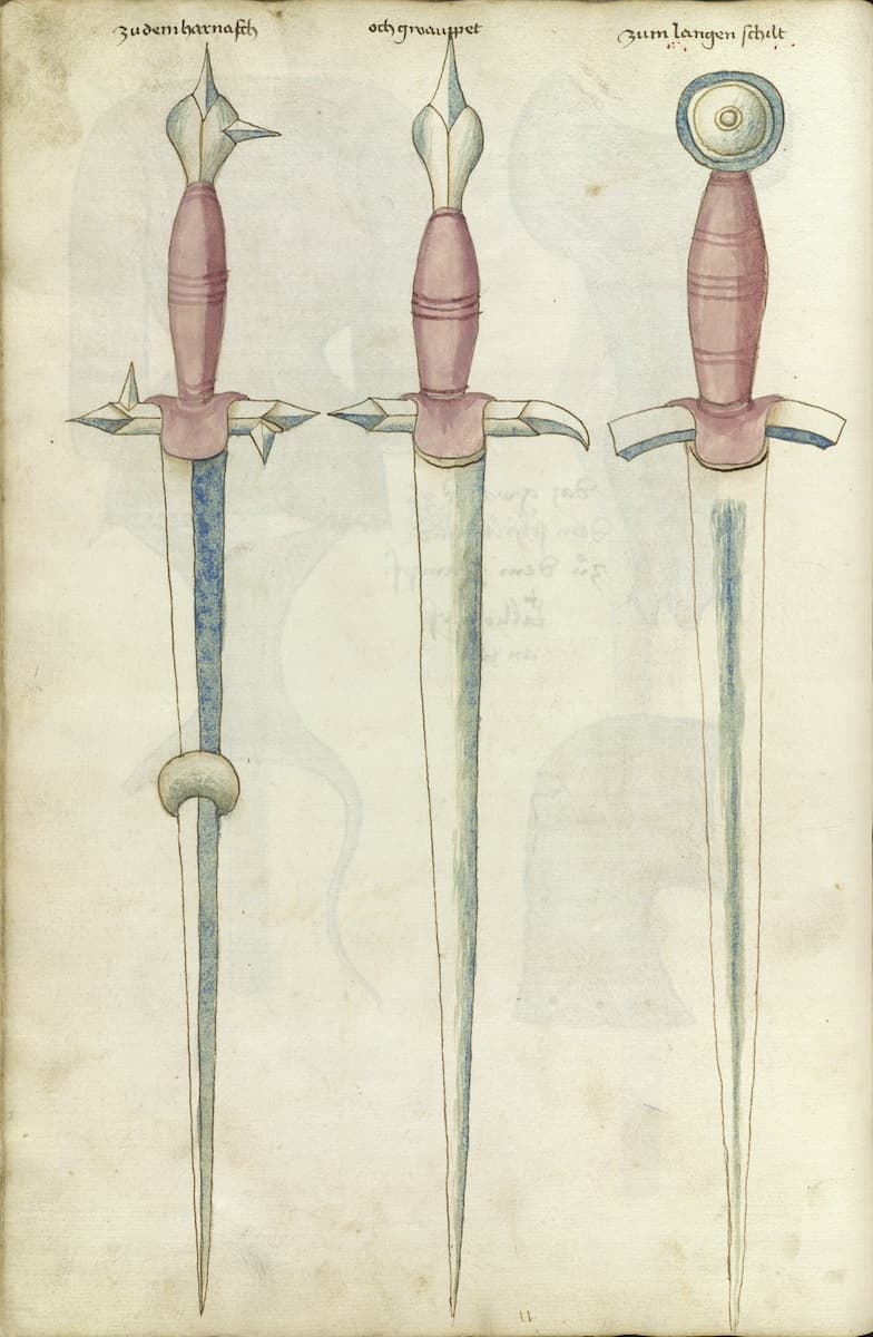 Harnischkampfschwerty (první dva, třetí je určen k boji se štítem) na iluminaci z manuskriptu Hanse Talhoffera, 1459.