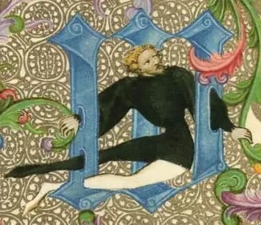 Ranný kabát se širokými rukávy, nošený jako svrchní oděv, na výřezu z Bible Václava IV. (1389-1395).