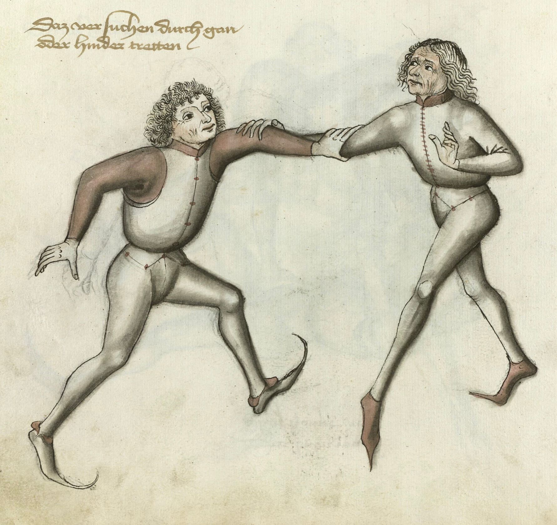 Mladší typ kabátů s krátkým šorcem, nošených tou dobou v Německu. Stránka z fechtbuchu Hanse Talhofera, Německo, (1459).