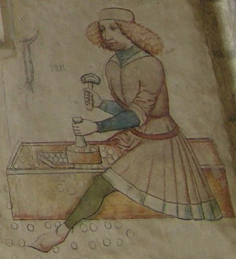 Pregéř v kabátu s úzkými rukávy. Výřez z fresky v Mincířské kapli katedrály sv. Barbory v Kutné Hoře(1460-1470).