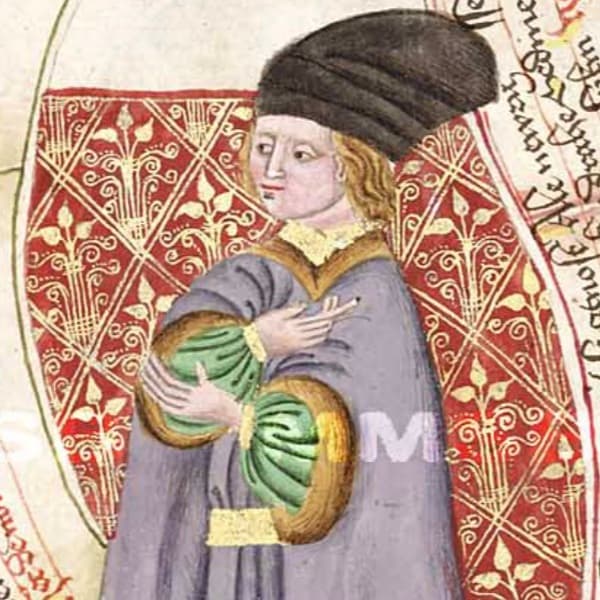 Kněz v kabátu se širokými rukávy, staženými manžetou na zápěstí. Výřez z Jenského kodexu (1490-1510).