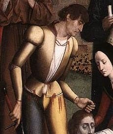 Kabát s vycpanými rameny podle burgundské módy. Výřez z obrazu Poprava nevinného hraběte malíře Dieric Boutse, Nizozemí, 1460.