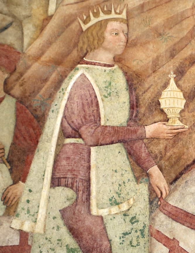 Kabát s nabíranou horní polovinou rukávů, výřez z fresky Paola di Stefana Badaloniho, Florencie, 1460