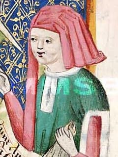 Kápě s cípem nasazená na hlavu otvorem pro obličej. Výřez z Jenského kodexu (1490-1510).