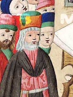 Klobouk s nahoru ohnutou krempou se dvěma průstřihy na výřezu z Jenského kodexu (1490-1510).