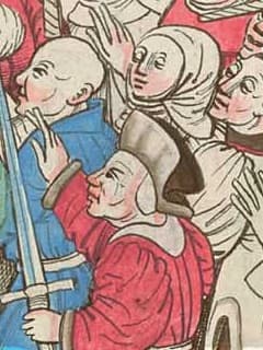 Klobouk s nahoru ohnutou krempou se dvěma průstřihy na výřezu z Richentalovy kroniky (1470-1480).