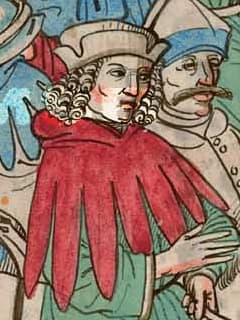 Klobouk s nahoru ohnutou krempou s více průstřihy na výřezu z Richentalovy kroniky (1470-1480).