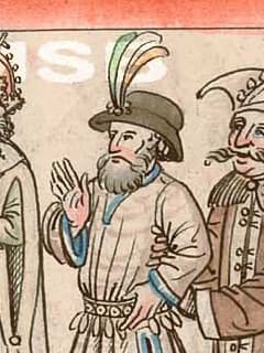Klobouk s mírně dolů ohnutou krempou, klenotem a ozdobou z per na výřezu z Richentalovy kroniky (1470-1480).