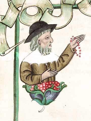 Klobouk s mírně nahoru ohnutou krempou na výřezu z Jenského kodexu (1490-1510).