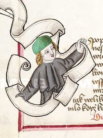 Klobouk bez krempy na výřezu z Jenského kodexu (1490-1510).