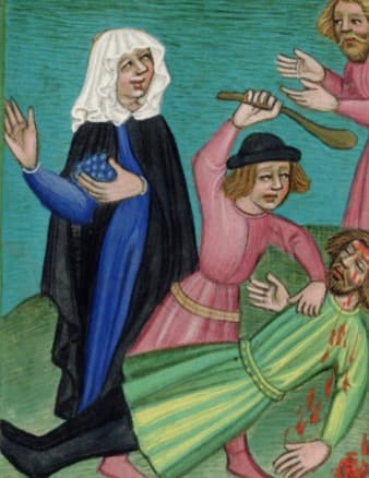 Klobouk s kulatým dýnkem a srolovanou krempou v Krumlovském sborníku, kolem rolu 1420.