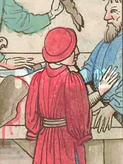 Muž v sukni s pytlovitými rukávy se dvěma otvory pro ruce na výřezu z Richentalovy kroniky (1470-1480).