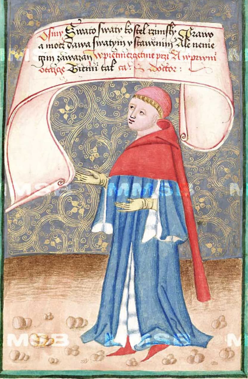 Kněz v kápi s masivním cípem. Výřez z Jenského kodexu (1490-1510).