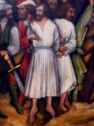 Košile pod kolena s výřezen do V na výřezu z deskového obrazu Nesení kříže na Rajhradském oltáři, kolem 1440
