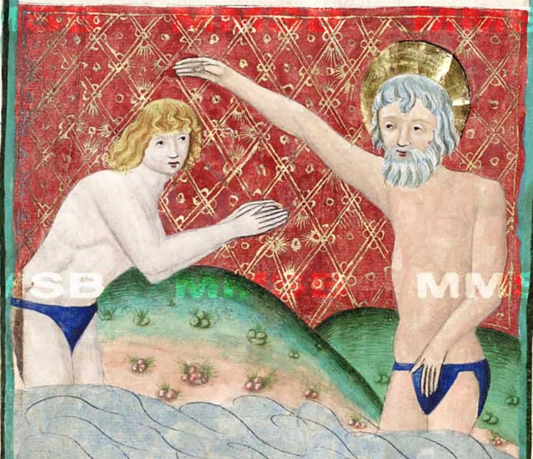 Scéna křtění, kde na sobě mají postavy modré spodky slipového střihu. Jenský kodex (1490-1510).
