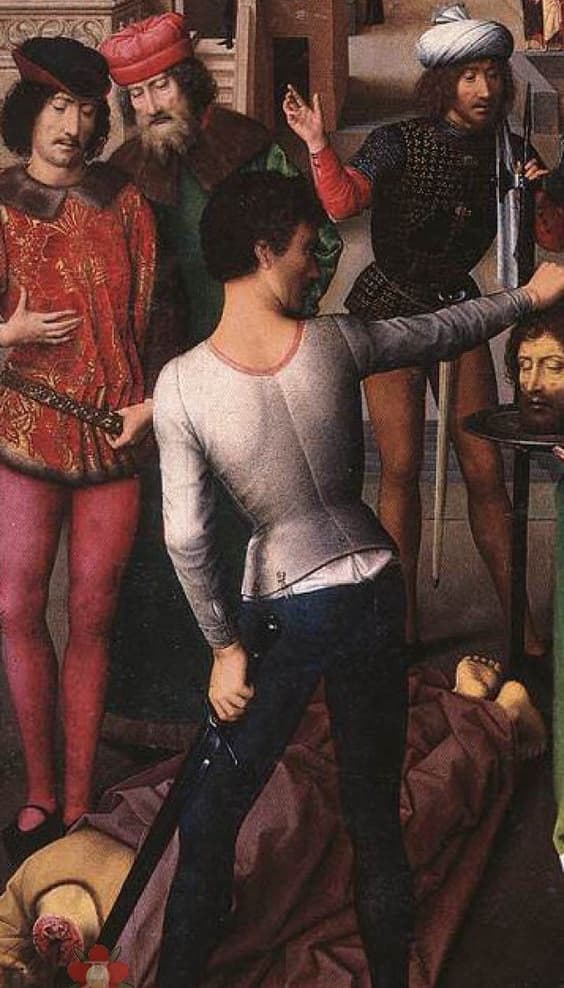 Kabát přivázaný ke kalhotám s viditelnými uzlíky na tkanicích. Výřez z oltáře sv. Jana od Hanse Memlinga, 1479.