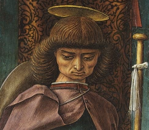 Kratší plášť sepnutý třemi knoflíky vepředu na obraze sv. Rocha italské provenience, 1480.