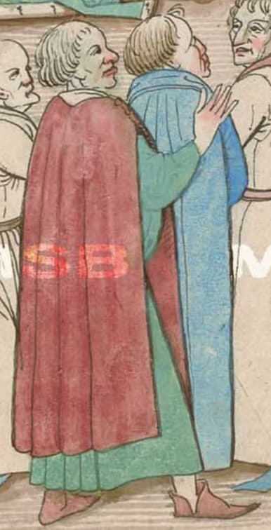 Plášť sepnutý knoflíky na rameni, výřez z Richentalovy kroniky (1470-1480).