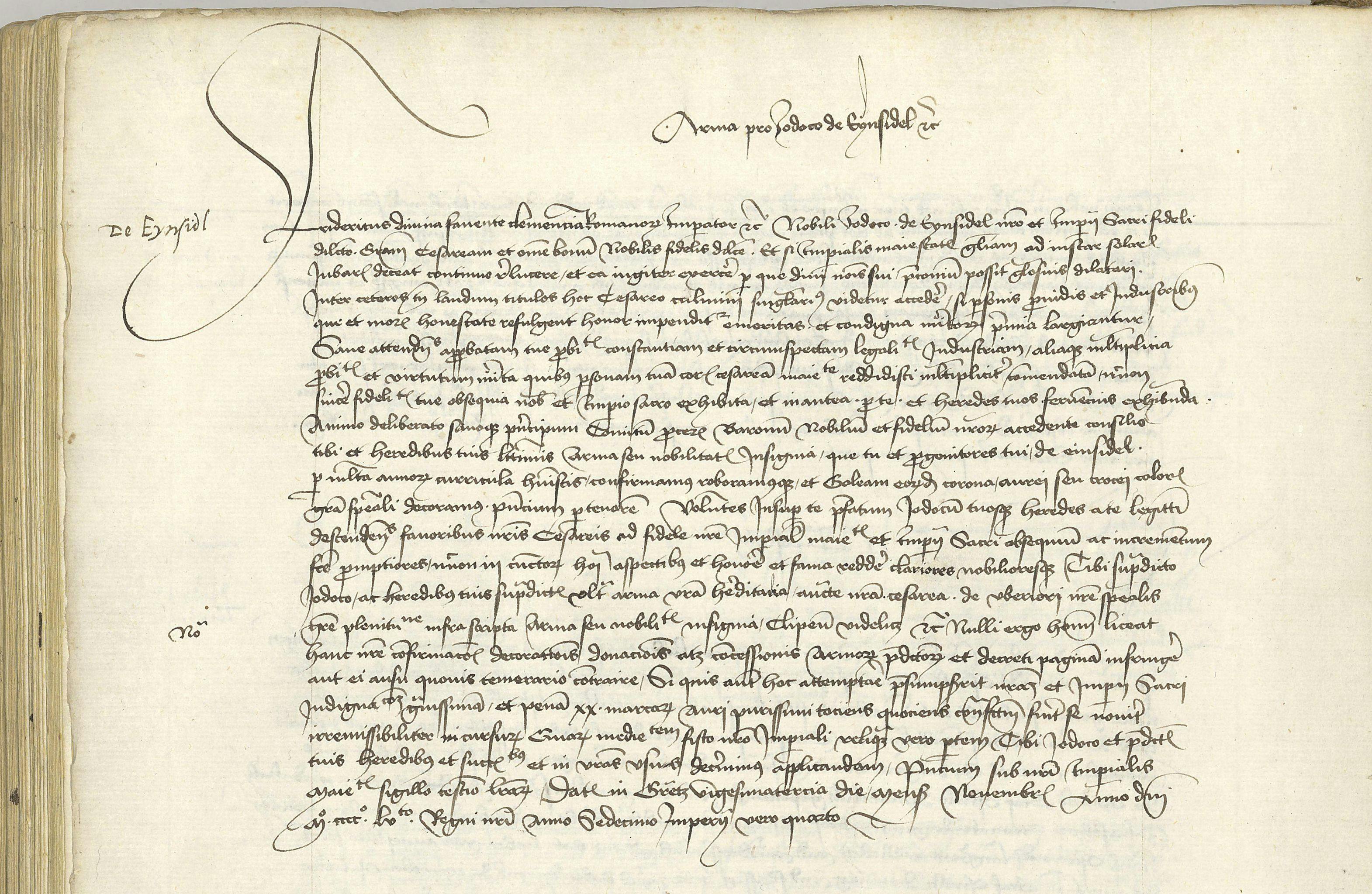 Originální latinský zápis o polepšení Joštova erbu učiněný 23. listopadu 1455 v Gratzu.