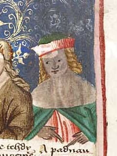 Klobouk s kulatým dýnkem a nahoru ohnutou krempou bez průstřihu, výřez z Jenského kodexu (1490-1510).