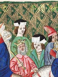 Klobouky podšité kožešinou s nahoru ohnutou krempou s jedním průstřihem na výřezu z Jenského kodexu (1490-1510).