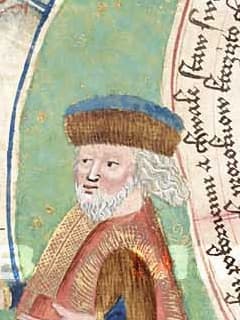 Klobouk s rovným dýnkem a nahoru ohnutou krempou, podšitý kožešinou, výřez z Jenského kodexu (1490-1510).