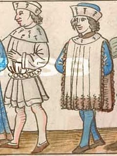 Klobouky s rovným dýnkem a nahoru ohnutou krempou bez průstřihu, podšité kožešinou, výřez z Richentalovy kroniky (1470-1480).