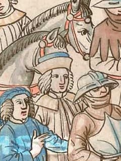 Klobouk s rovným dýnkem a nahoru ohnutou krempou bez průstřihu, výřez z Richentalovy kroniky (1470-1480)