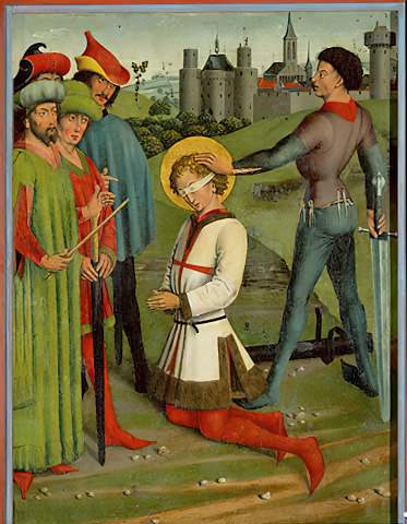 Kabát přivázaný ke kalhotám s viditelnými uzlíky na tkanicích. Stětí sv. Jiří, Friedrich Herlin, 1462 - 1465.