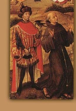 Další typická ukázka západoevropské sukně s pytlovitými rukávy na výřezu z tryptychu pro Alessandra Sforzu, opět od Rogiera van der Weyden, 1460.