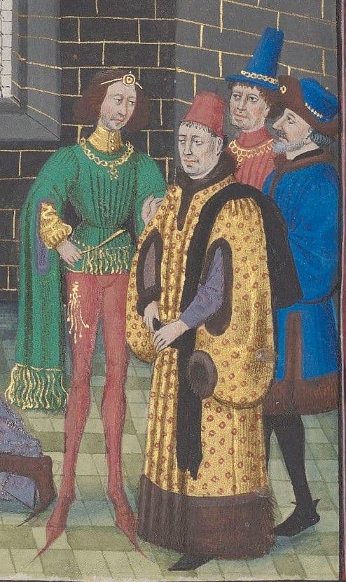 Dvě sukně s pytlovitými rukávy vyobrazené ve Zkrácených kronikách od Davida Auberta, 1471. Zajímavá je zejména zelená sukně, jejíž rukáv se směrem k zápěstí nezužuje a zůstává volný. Podobnou sukni můžeme nalézt na vyobrazení z Památné knihy olomoucké.