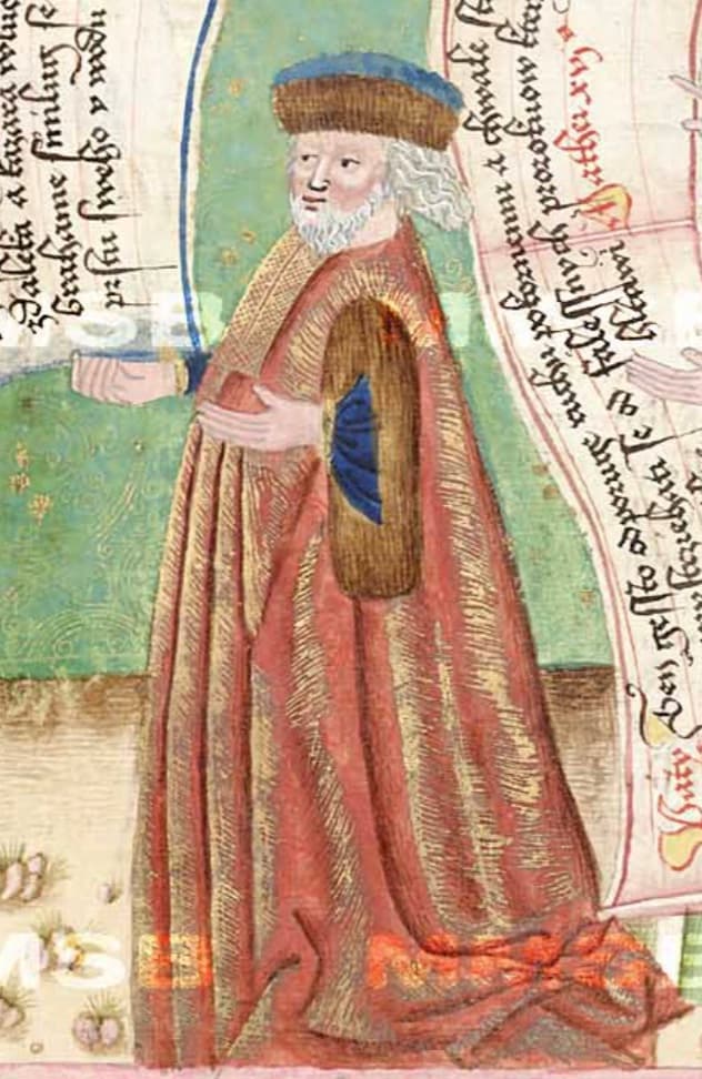 Bohatý muž v dlouhé, kožešinou podšité sukni s hranatým pytlovitým rukávem na stránce z Jenského kodexu (1490-1510).