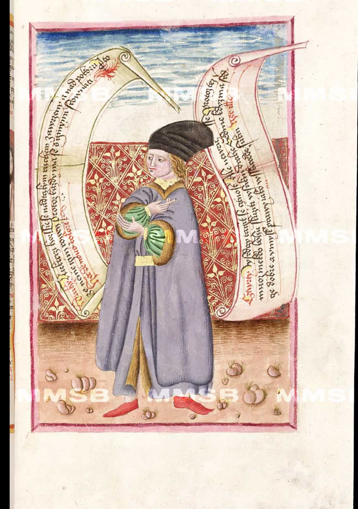 Kněz v dlouhé, kožešinou podšité sukni s hranatým pytlovitým rukávem na výřezu z Jenského kodexu (1490-1510).