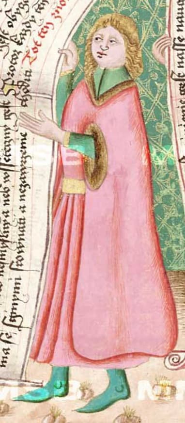 Bohatý muž v dlouhé, kožešinou podšité sukni s hranatým pytlovitým rukávem na výřezu z Jenského kodexu (1490-1510).