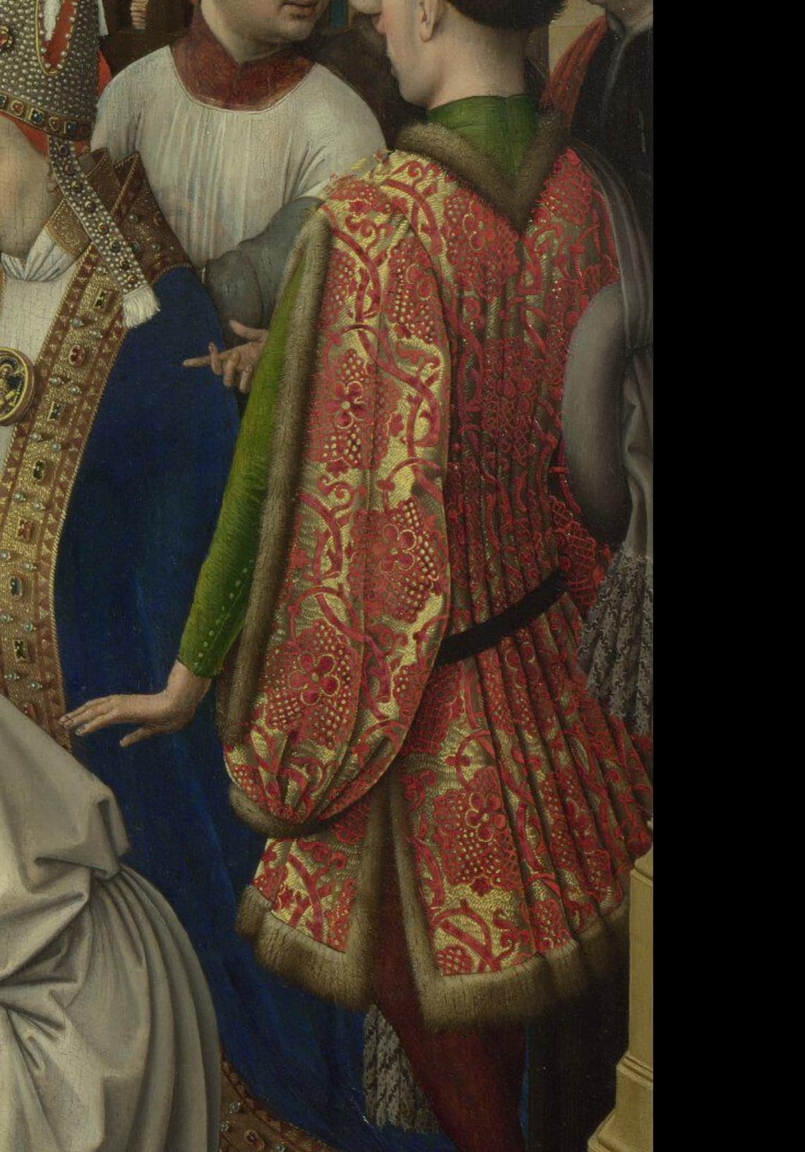 Typická ukázka západoevropské sukně s pytlovitými rukávy na výřezu z obrazu Exhumace sv. Huberta od Rogiera van der Weyden, 1430.
