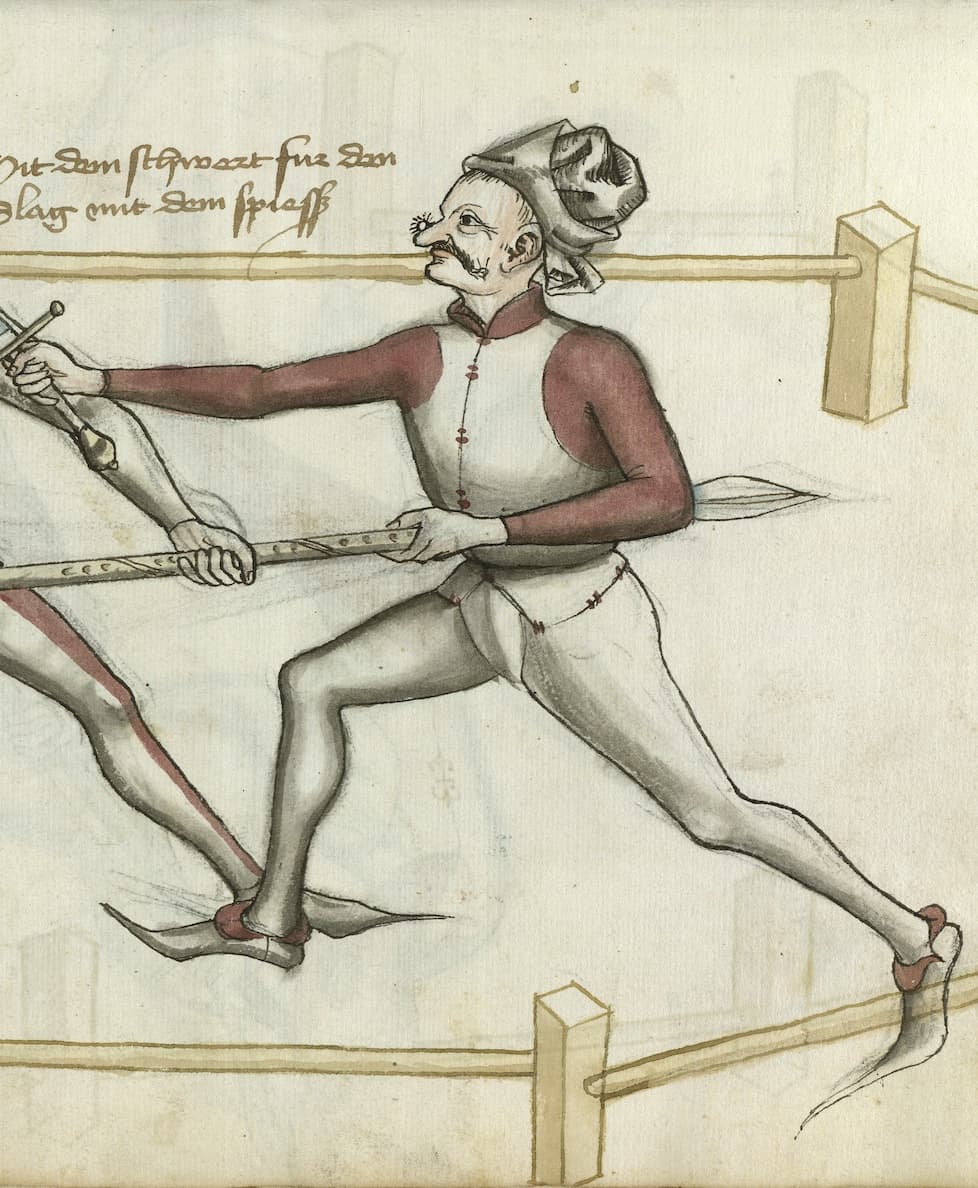 Tkanice mezi nohavicemi a kabátem jsou zde pouze naznačeny, protože uzlík je skryt na vnitřní straně. Stránka z fechtbuchu Hanse Talhofera, Německo, (1459).