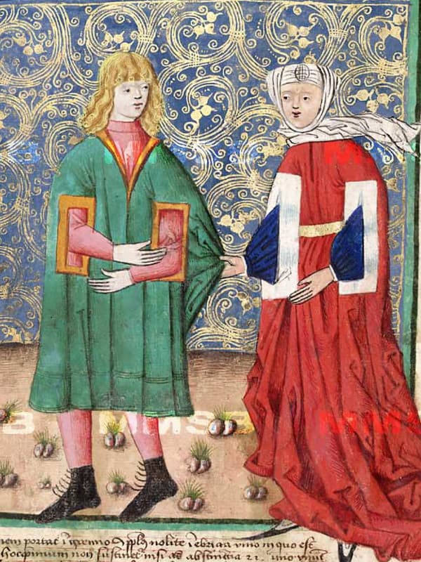 Kabát a nohavice ve stejné (červené) barvě. Výřez z Jenského kodexu (1490-1510).