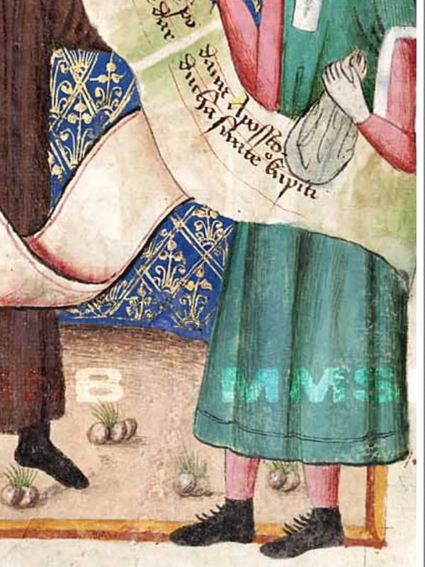 Kotníková bota se zavazováním na tkaničky nebo na knoflíky s ocáskem, výřez z Jenského kodexu (1490-1510)