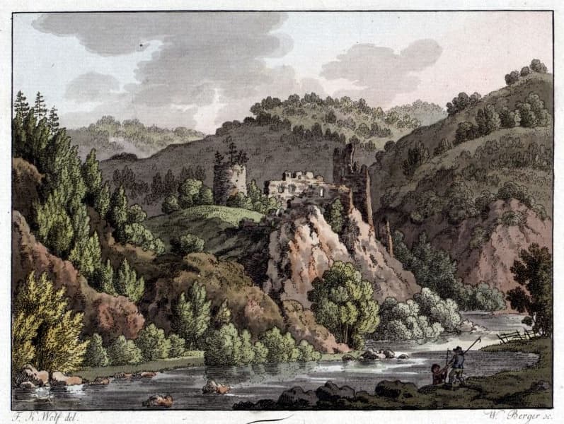 Zřícenina Týřova, rytina Václava A. Bergera (1800) podle kresby F. K. Wolfa (1797)