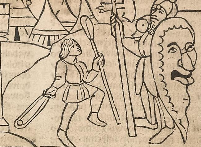 David v sukni typu vestina zabíjí Goliáše. Dřevořez z Kutnohorské bible (1489).