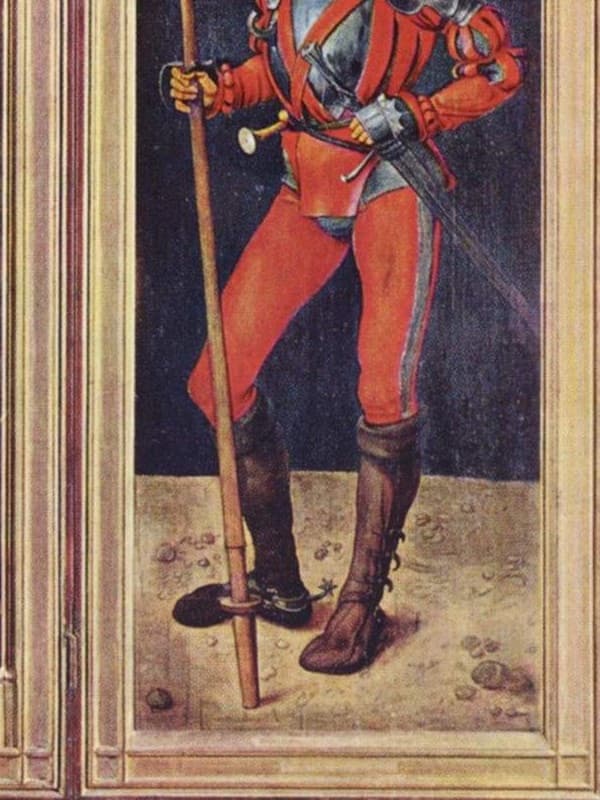 Vysoká jezdecká bota se zapínáním na záhyb, výřez z Paumgartnerova oltáře (1500)